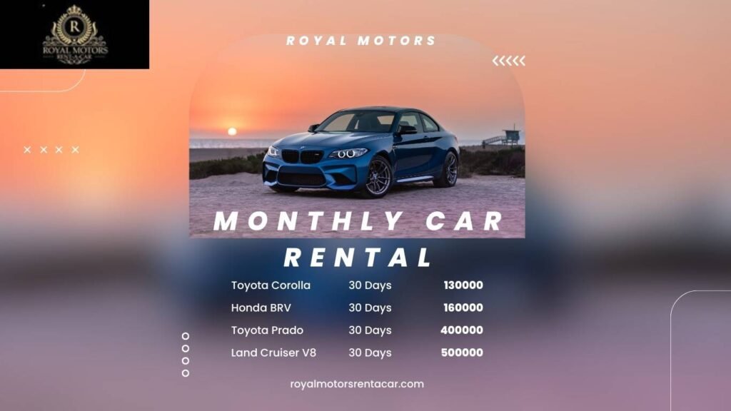Monthly car rental packages are described in thos picture by Royal Motors & rent a Car in lahore